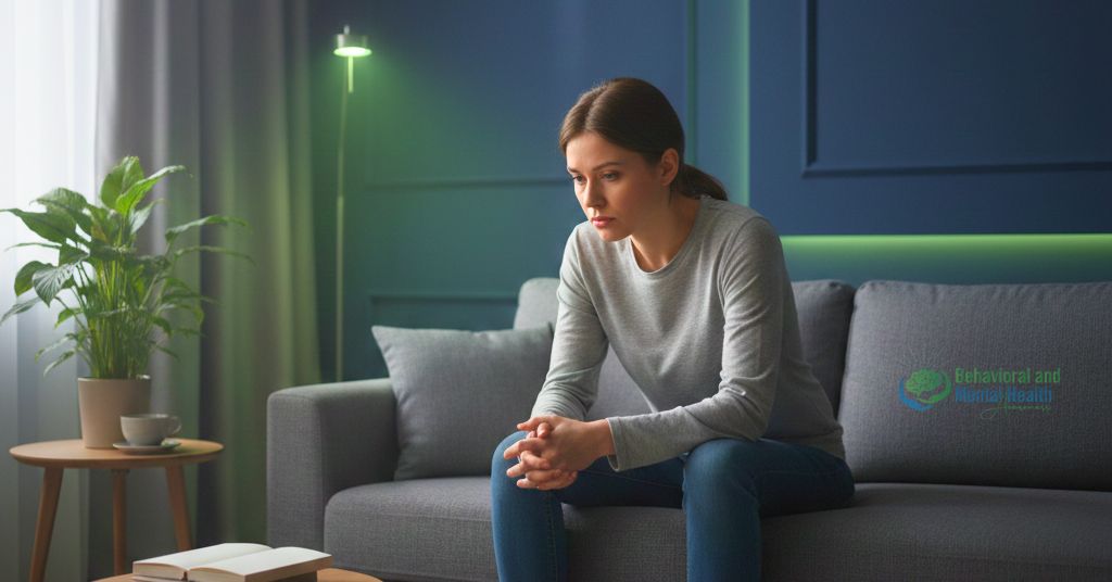Effects of Anxiety Disorder on Your Mental Health – young woman sitting on sofa with clasped hands, looking worried and thoughtful in a softly lit room.