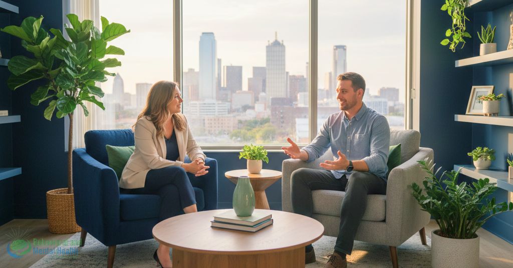 Seek Mental Health Professional in Dallas – therapist and adult client talking in a modern office with Dallas skyline view during a counseling session.